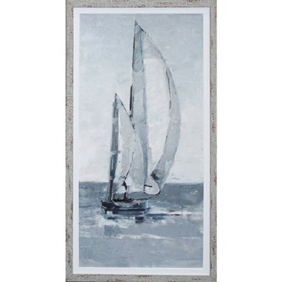 43" x 23" Blue and White Sailboat Going Right Gel Textured Coastal Print in a Graywash Frame