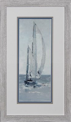 29" x 17" Blue and White Sailboat Going Right Print Framed Under Glass
