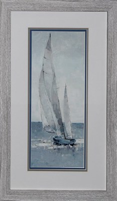 29" x 17" Blue and White Sailboat Going Left Print Framed Under Glass