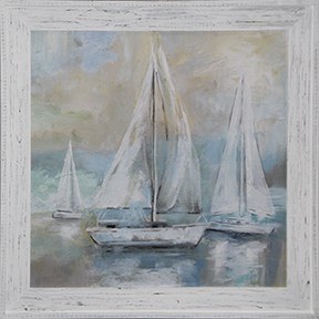 36" Square Three Sailboats 2 Gel Textured Coastal Print in a Distressed White Frame