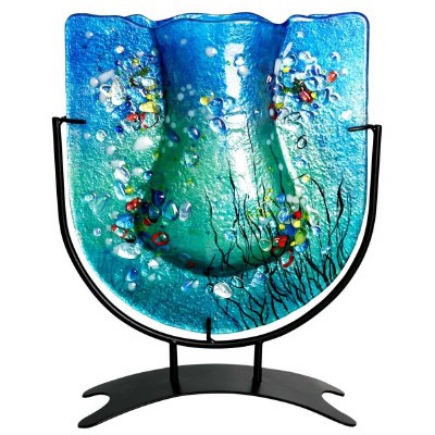 11" Blue With Multicolored Flowers Vase With Stand