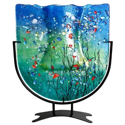 15" Blue With Multicolored Flower Vase With Stand