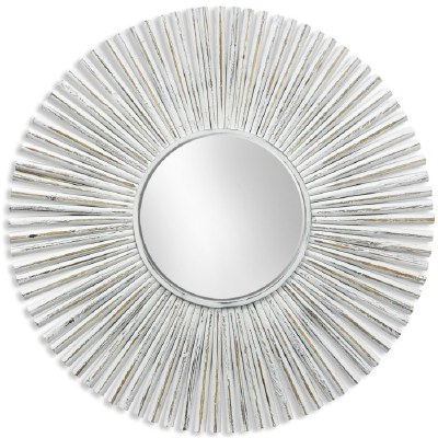 42" Round Distressed White Finish Rays Mirror