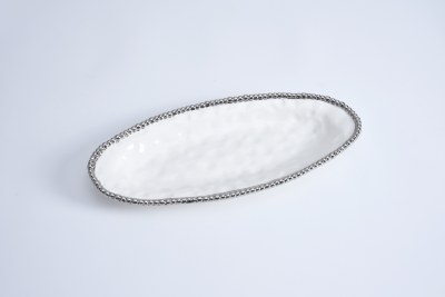 17" White Oval Beaded Ceramic Dish by Pampa Bay
