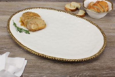18" White and Gold Oval Beaded Ceramic Platter by Pampa Bay