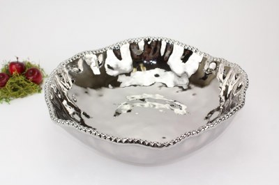 14" Round Silver Beaded Ceramic Bowl by Pampa Bay