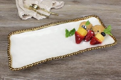 6" x 13" White and Gold Beaded Ceramic Tray by Pampa Bay