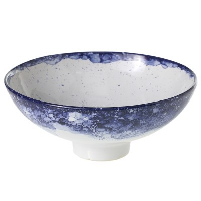 9" Round Dark Blue and White Footed Ceramic Bowl