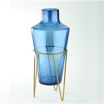 17" Blue Glass Vase With Gold Metal Stand