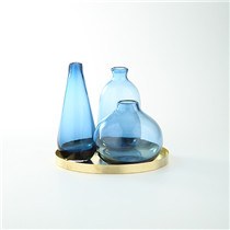 Set of 3 Blue Glass Vases With Round Gold Tray