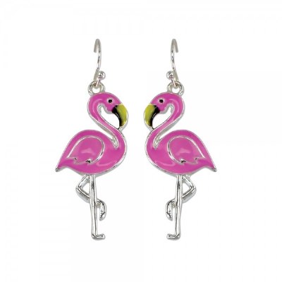 Pink and Silver Tone Flamingos Earrings