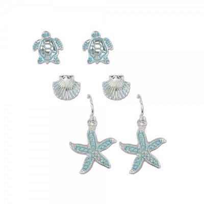 Set of 3 Aqua and Silver Toned Starfish and Turtle Earrings