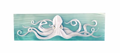 18" x 60" LED Stainless Steel Octopus On Aqua Coastal Metal Wall Art Panel MM322
