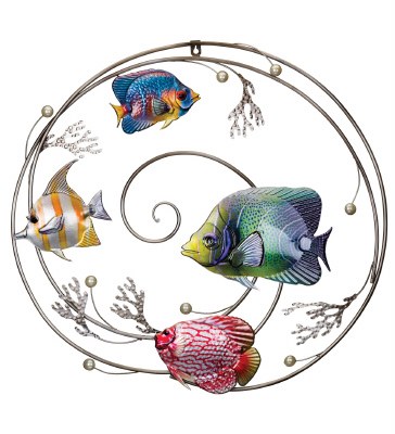 21" Multicolored Fish In Swirl Coastal Metal Wall Art Plaque