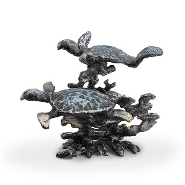 4.5" Verdigris 2 Turtle and Coral Sculpture