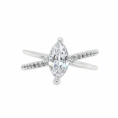 Size 7 Marquise Shape Cubic Zirconia "X" Band Sterling Silver Plated Ring