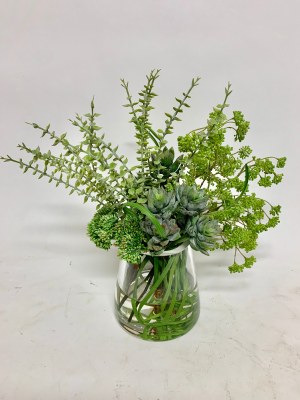 13" Faux Green Succulent In Glass Vase