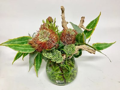 20" Faux Eucalyptus Protea Bell In Glass Vase