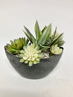 10" Faux Green and White Succulents In Black Oval Bowl