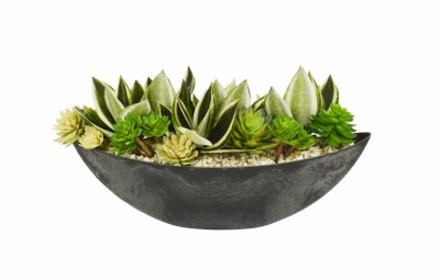 Large Faux Green and White Succulent In Black Oval Bowl