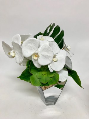 16" Faux White Orchid and Succulent In Silver Glass Vase