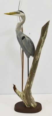 Small Blue Polyresin Heron on Driftwood