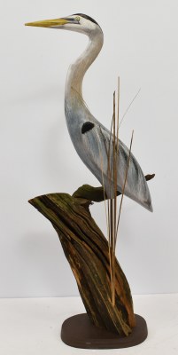 Medium Blue Polyresin Heron on Driftwood