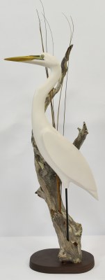 Medium White Polyresin Heron on Driftwood