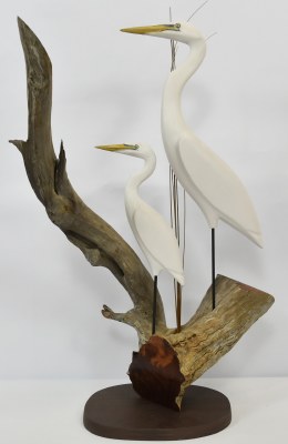 One Small and One Medium White Polyresin Heron on Driftwood