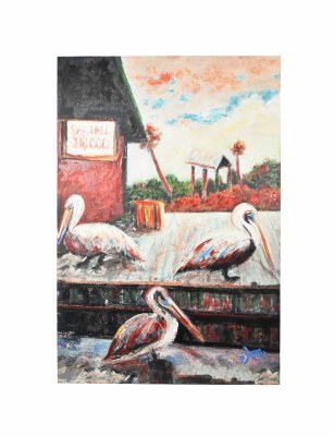 60" x 40" Three Pelicans On Dock Canvas