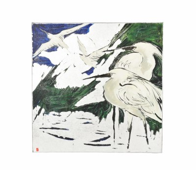 30" Square 2 Whtie Herons With Wings Out Canvas