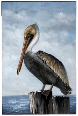 48" x 32" Pelican On Piling Framed Canvas