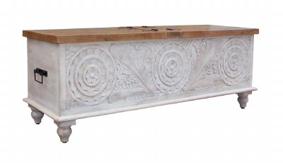 59" Distressed White and Brown Lid Storage Bench