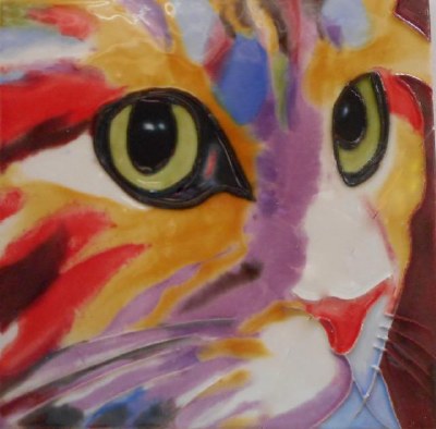 8" Square Multicolored Cat Face Ceramic Tile