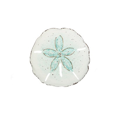 13" Round Distressed White and Green Finish Sand Dollar Coastal Metal Wall Art Plaque