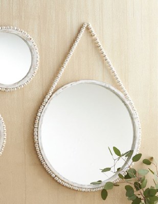 20" Round Distressed White Finish Bead Rimmed Hanging Mirror by Mud Pie
