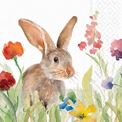 5" Square Brown Bunny With Wildflowers Beverage Napkin