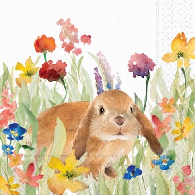 5" Square Brown Bunny With Wildflowers Lunch Napkin