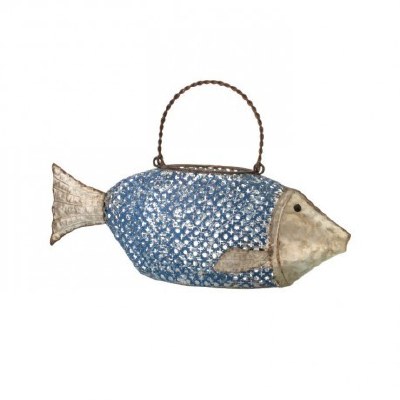 18" Blue and Galvanized Metal Fish Lantern