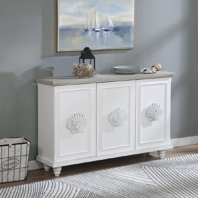 54" Distressed White With Gray Top 3 Scallop Handled Door Credenza