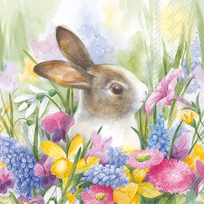 6.5" Square Brown and White Bunny In Flowers Lunch Napkin