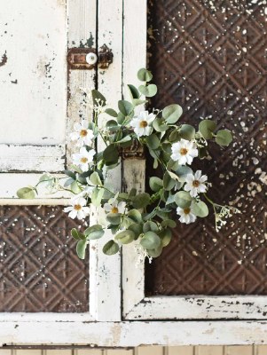 4.5" Opening Faux White Flower With Eucalyptus Leaf Candle Ring