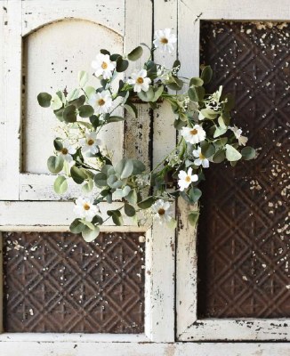 6.5" Opening Faux White Flower With Eucalyptus Leaf Candle Ring