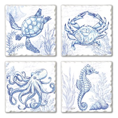 Set of 4/ 4" Tumbled Tile Assorted Sealife Coasters