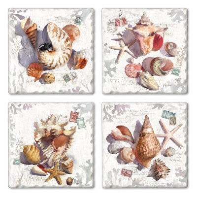 Set of 4/ 4" Tumbled Tile Assorted Sun Shells Coasters