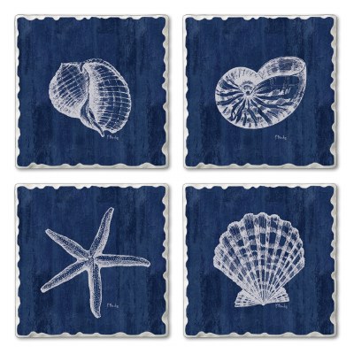 Set of 4/ 4" Tumbled Tile Navy and White Assorted Shells Coasters