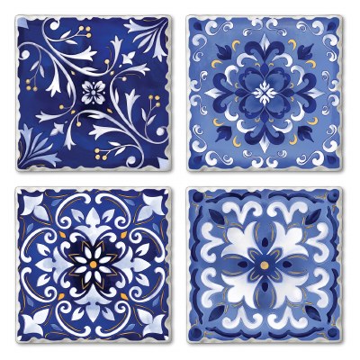 Set of 4/ 4" Tumbled Tile Assorted Dark Blue Coasters