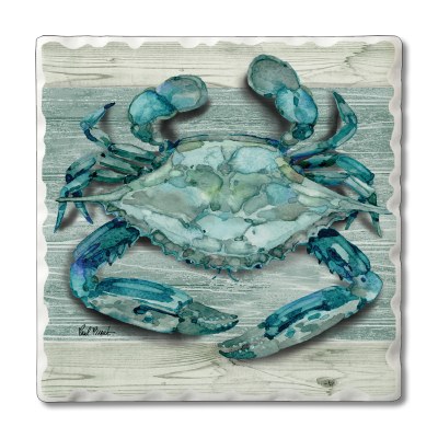 Set of 4/ 4" Tumbled Tile Blue and Green Crab Coasters