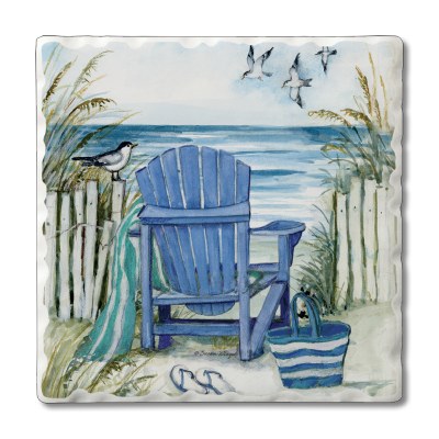 Set of 4/ 4" Tumbled Tile Blue Chair On Beach Coasters