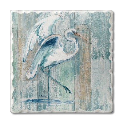 Set of 4/ 4" Tumbled Tile White Egret Coasters